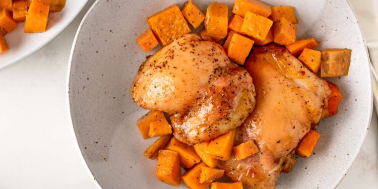 Roasted Chicken and Sweet Potatoes Recipe (5 Ingredients, One Pan)