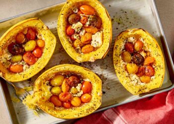 Feta and Tomato-Stuffed Spaghetti Squash Recipe (5 Ingredients)